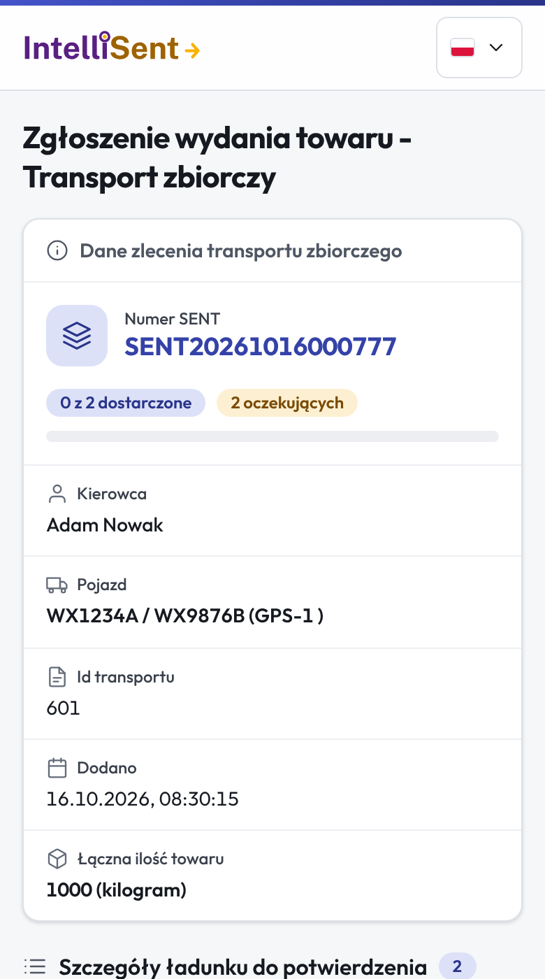Strona kierowcy: potwierdzanie pozycji transportu zbiorczego